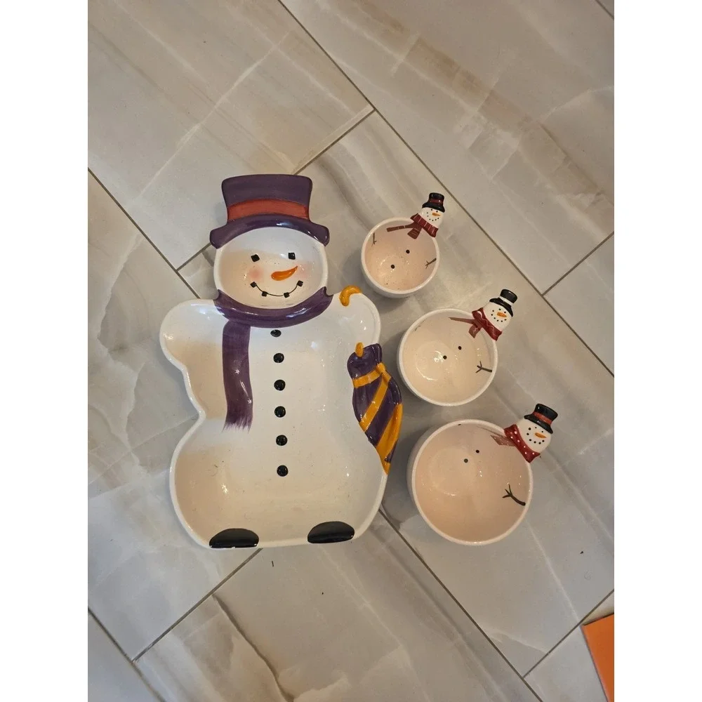 Snowman Ceramic‎ Serving Dish Set  4 Pieces  Holiday  Christmas Bowls Platte